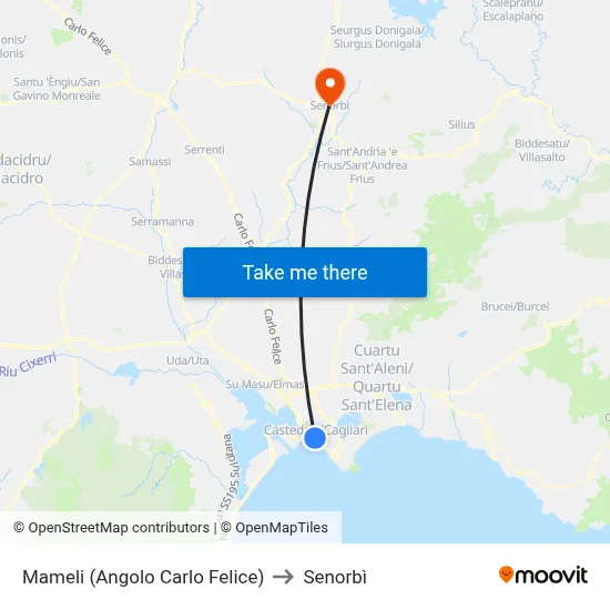 Mameli (Corner of Carlo Felice) to Senorbì map