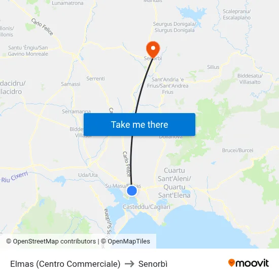 Elmas (Shopping Center) to Senorbì map