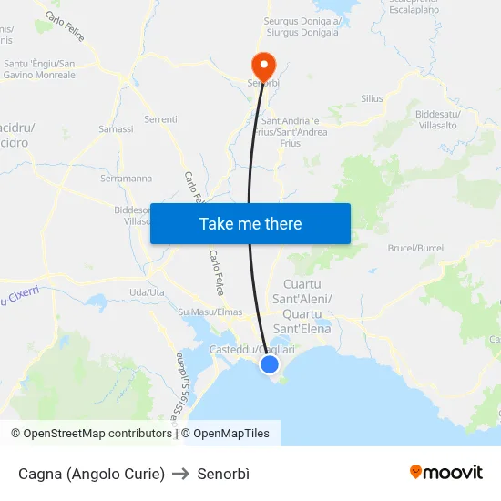 Cagna (Corner Curie) to Senorbì map