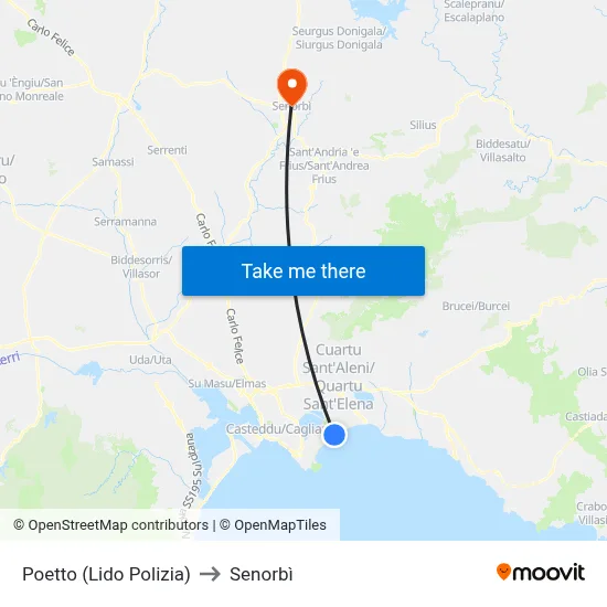 Poetto (Police Beach) to Senorbì map