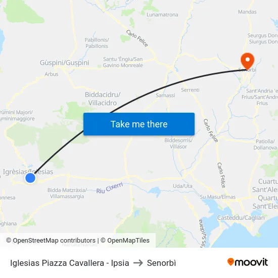 Iglesias Piazza Cavallera - Ipsia to Senorbì map