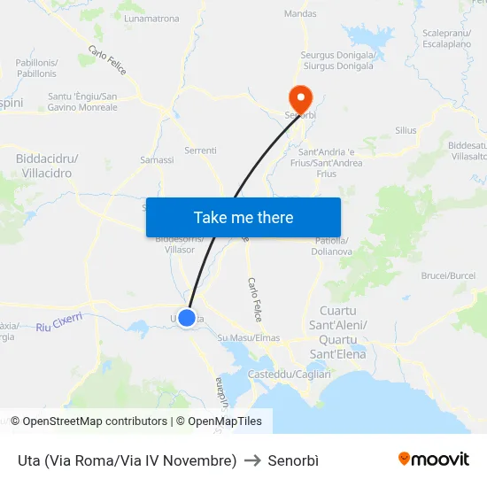 Uta (Roma Street/November 4th Street) to Senorbì map