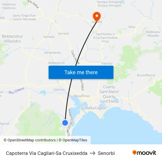 Capoterra Via Cagliari-Sa Cruxixedda to Senorbì map
