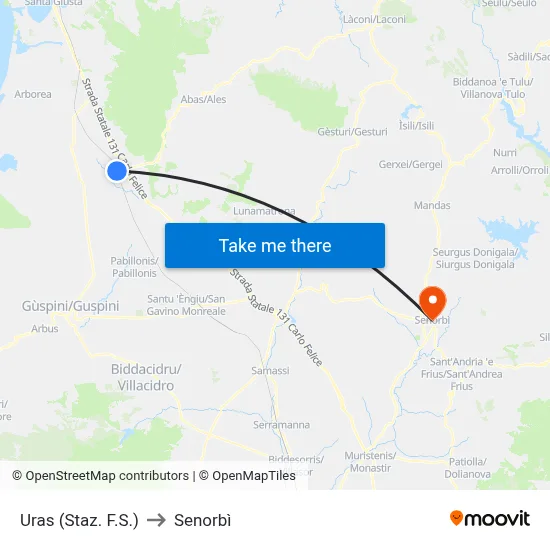 Uras (Railway Station) to Senorbì map