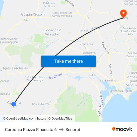 Carbonia Piazza Rinascita 6 to Senorbì map