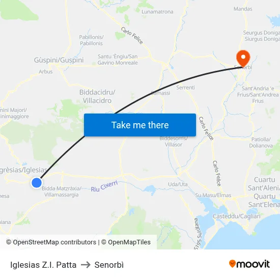 Iglesias Industrial Zone Patta to Senorbì map