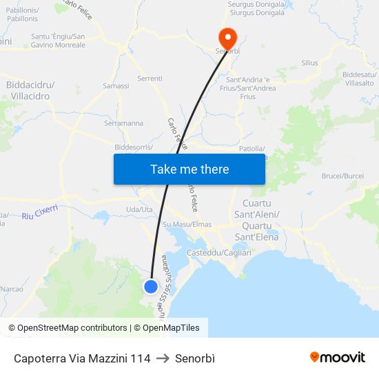 Capoterra Via Mazzini 114 to Senorbì map