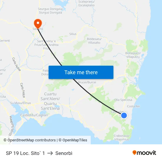 Provincial Road 19 Sito Location 1 to Senorbì map