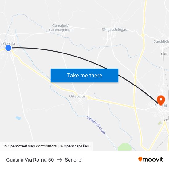 Guasila Via Roma 50 to Senorbì map