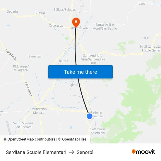 Serdiana Elementary Schools to Senorbì map