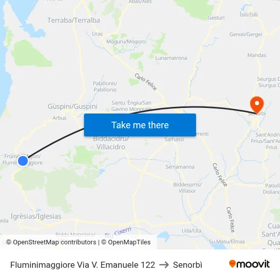 Fluminimaggiore via V. Emanuele 122 to Senorbì map