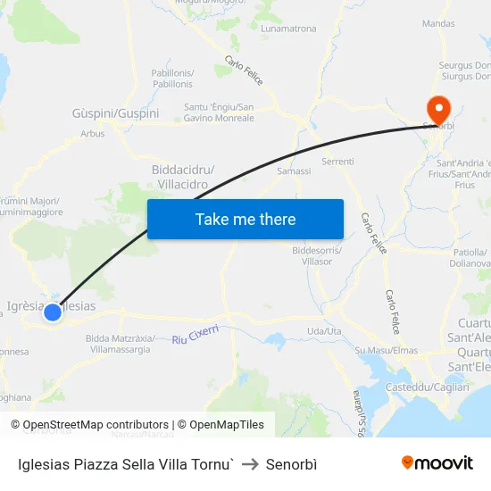 Iglesias Piazza Sella Villa Tornu to Senorbì map