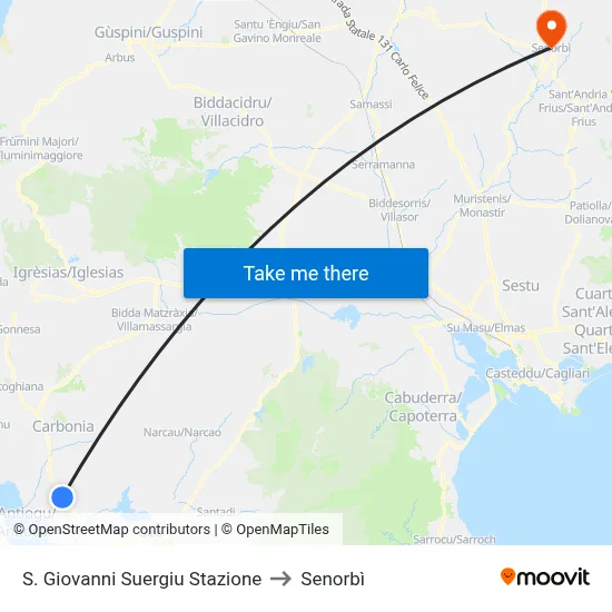 San Giovanni Suergiu Station to Senorbì map