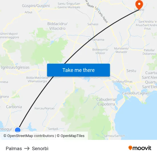 Palmas to Senorbì map