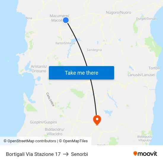 Bortigali 17 Station Street to Senorbì map