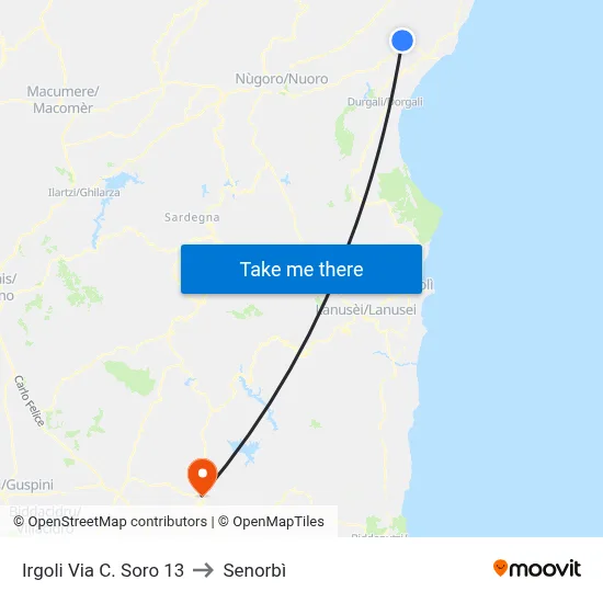 Irgoli C. Soro Street 13 to Senorbì map