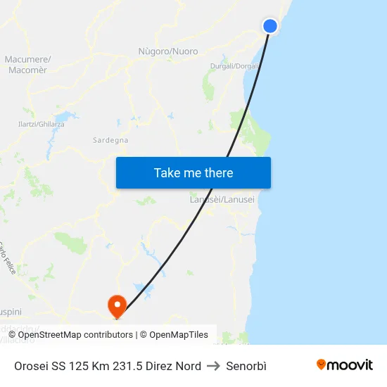 Orosei SS 125 Km 231.5 North Direction to Senorbì map