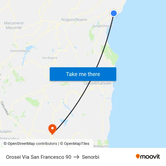 Orosei Via San Francesco 90 to Senorbì map