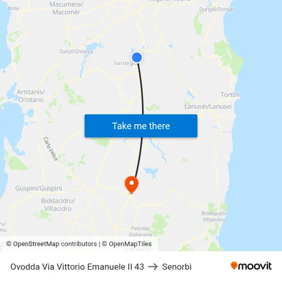 Ovodda Victor Emmanuel II Street 43 to Senorbì map