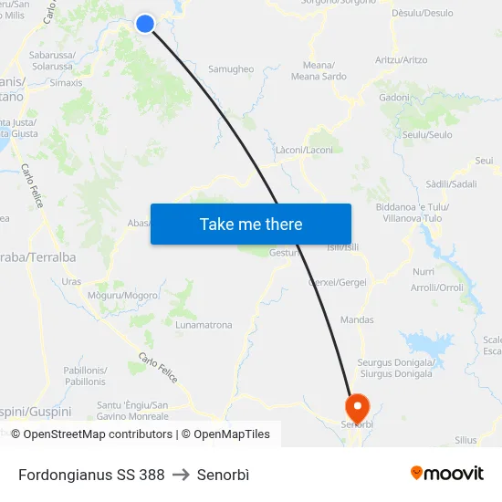 Fordongianus SS 388 to Senorbì map