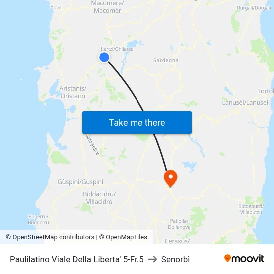 Paulilatino Liberty Avenue 5-Opposite 5 to Senorbì map