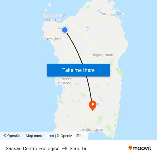 Sassari Ecological Center to Senorbì map