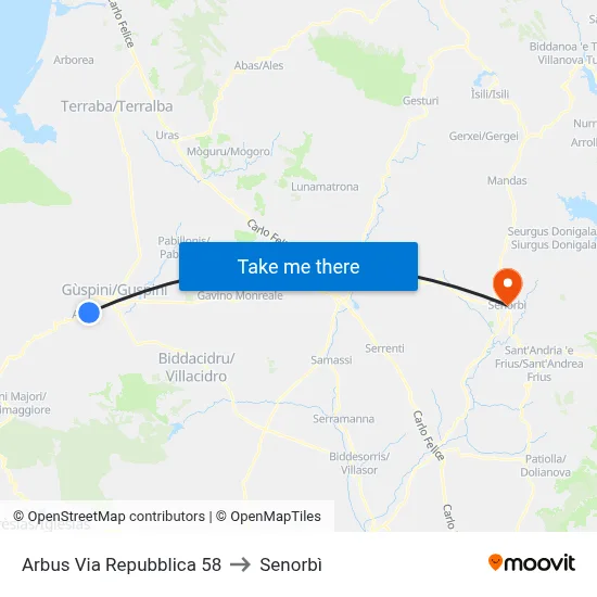 Arbus Republic Street 58 to Senorbì map