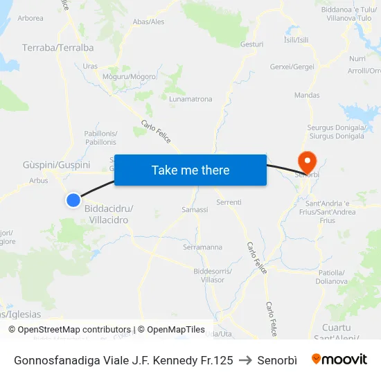 Gonnosfanadiga J.F. Kennedy Boulevard Stop 125 to Senorbì map