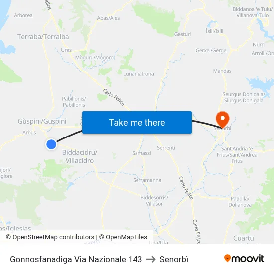 143 National Street, Gonnosfanadiga to Senorbì map
