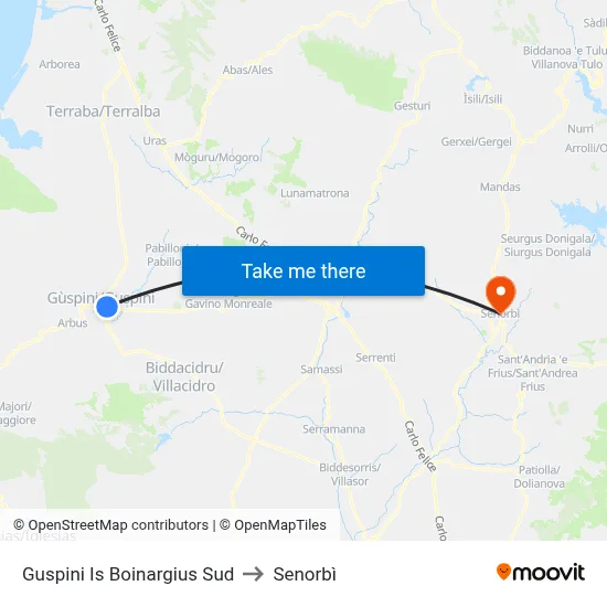 Guspini Is Boinargius South to Senorbì map