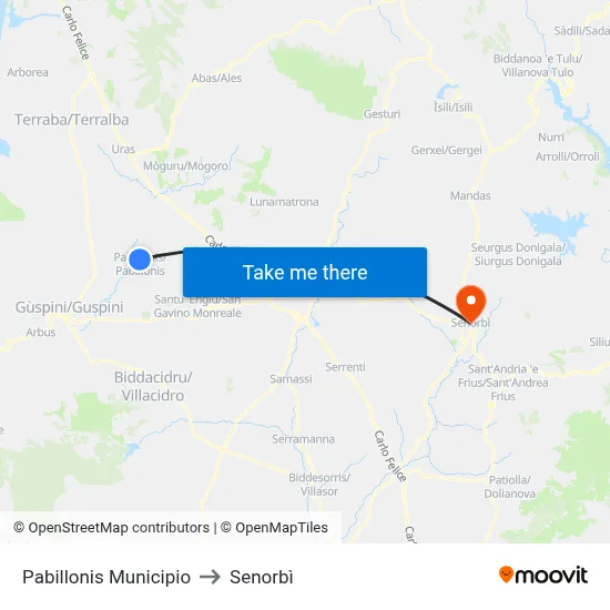 Pabillonis Town Hall to Senorbì map