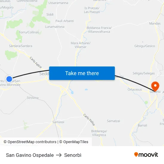 San Gavino Hospital to Senorbì map
