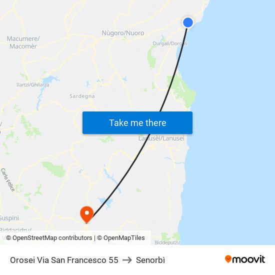Orosei Via San Francesco 55 to Senorbì map