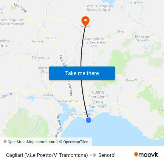 Cagliari (Poetto Ave/Tramontana St) to Senorbì map