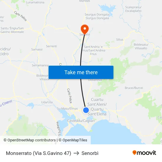 Monserrato (Via San Gavino 47) to Senorbì map