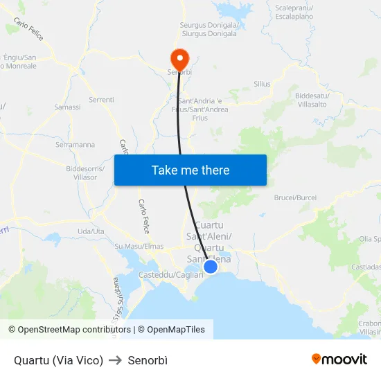 Quartu (Vico Street) to Senorbì map