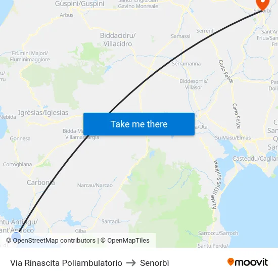 Via Rinascita Health Center to Senorbì map