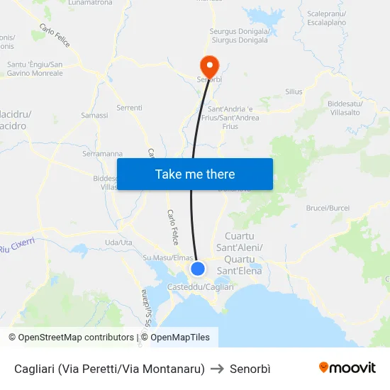 Cagliari (Peretti St/Montanaru St) to Senorbì map