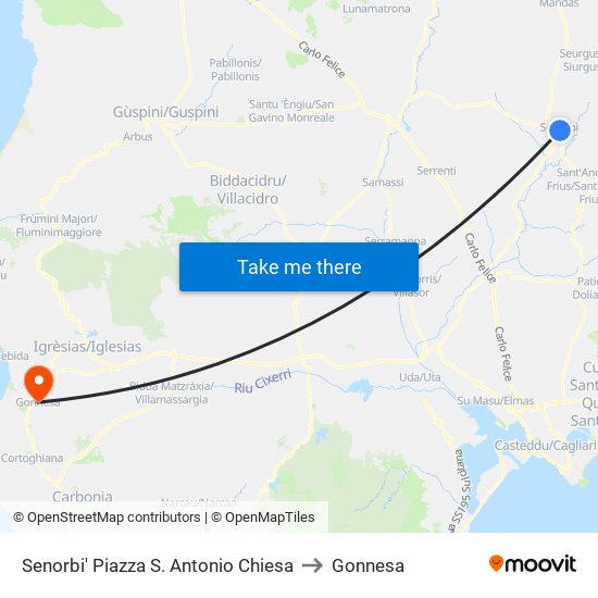 Senorbi' Piazza S. Antonio Chiesa to Gonnesa map
