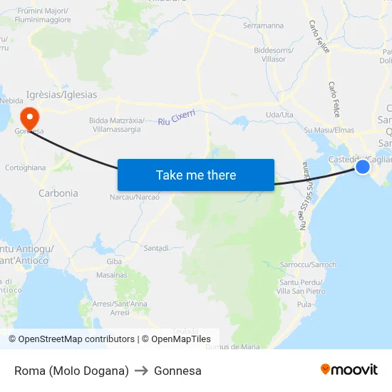 Roma (Customs Pier) to Gonnesa map