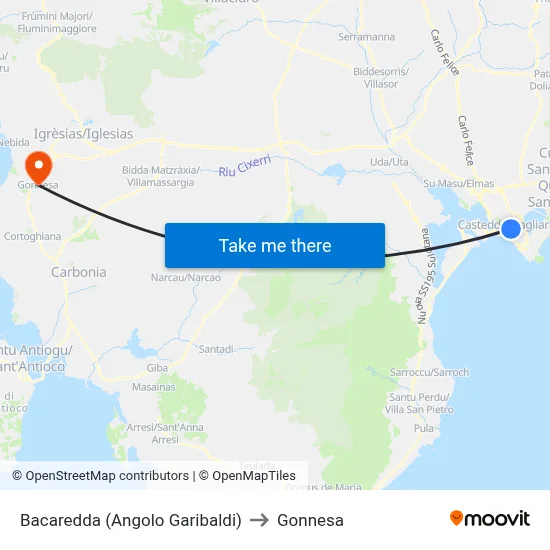 Bacaredda (Corner of Garibaldi) to Gonnesa map