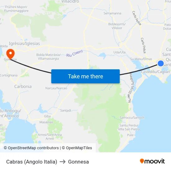 Cabras (Italia Corner) to Gonnesa map