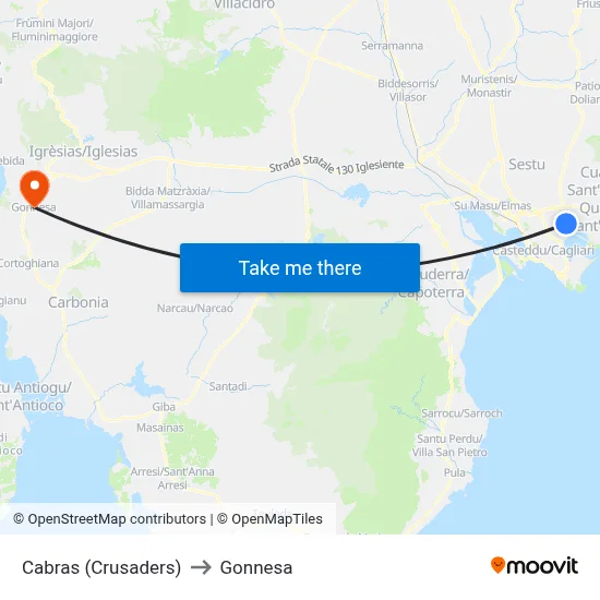 Cabras (Crusaders) to Gonnesa map