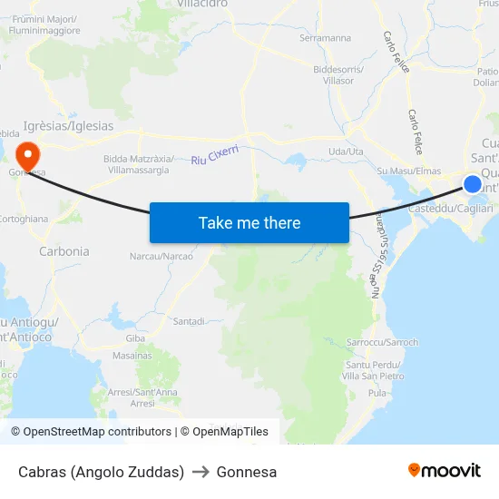 Cabras (Corner of Zuddas) to Gonnesa map