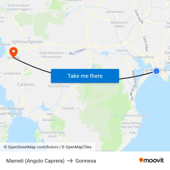 Mameli (Corner Caprera) to Gonnesa map