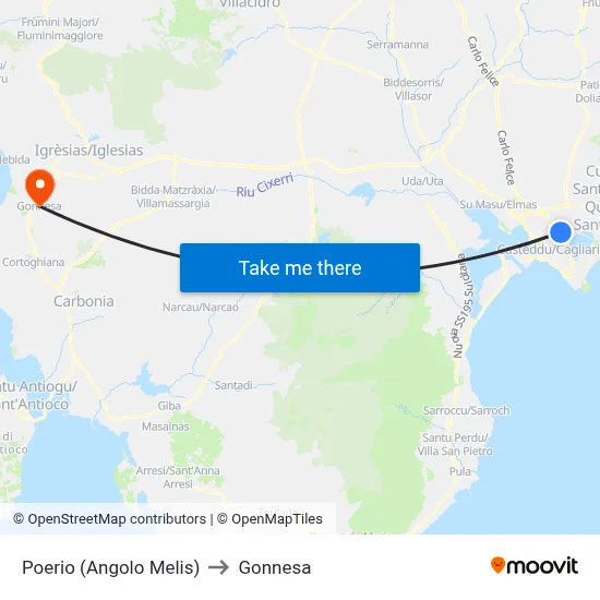 Poerio (Corner of Melis) to Gonnesa map