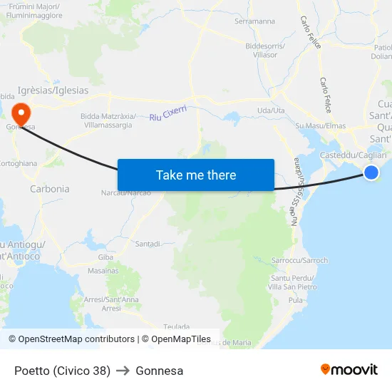 Poetto (Number 38) to Gonnesa map