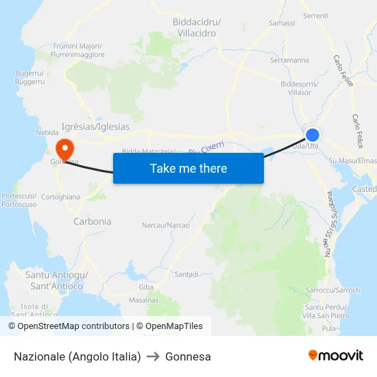 National (Corner of Italy) to Gonnesa map