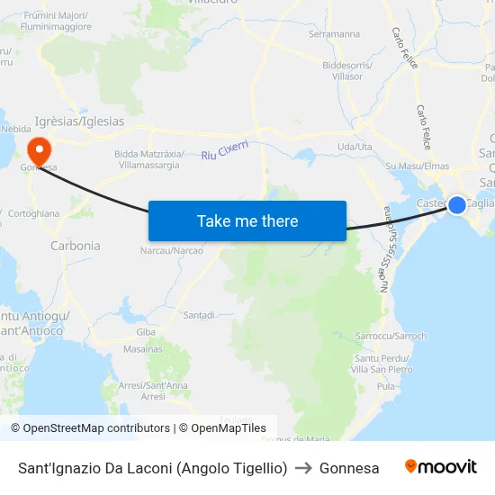 Saint Ignatius of Laconi (Corner Tigellio) to Gonnesa map