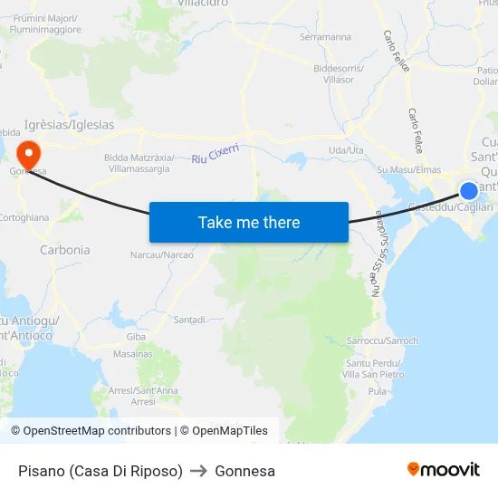 Pisano (Nursing Home) to Gonnesa map